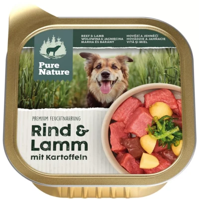 PureNature -Rind & Lamm mit Kartoffel 150g Adult Alleinfutter-Menü für ausgewachsene Hunde aller Größen und Rassen 62 % Fleischanteil (32 % vom Rind, 30 % vom Lamm) Ohne Getreide Ohne Zuckerzusatz Keine Tierversuche